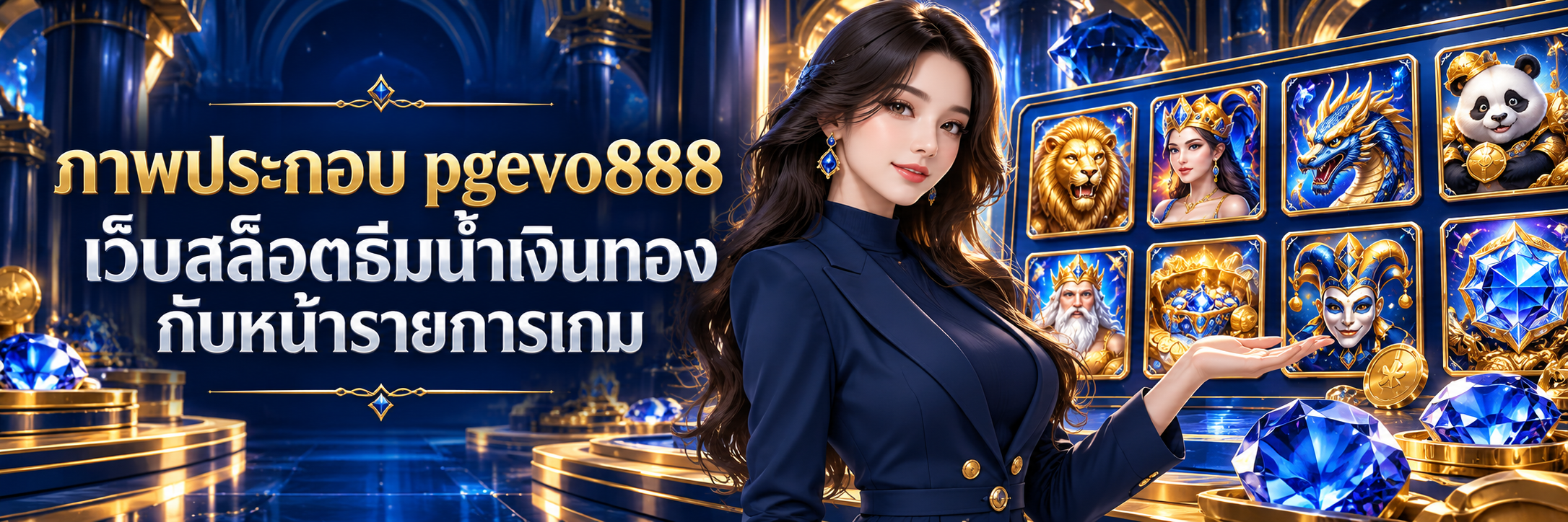 ภาพประกอบ pgevo888 เว็บสล็อตธีมน้ำเงินทองกับหน้ารายการเกม